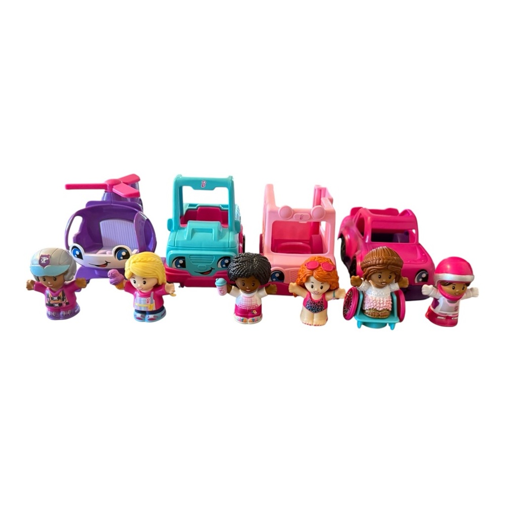 Fisher Price Little People Barbie 10 Piece Lot Helicopter, Ice Cream Truck, Cars